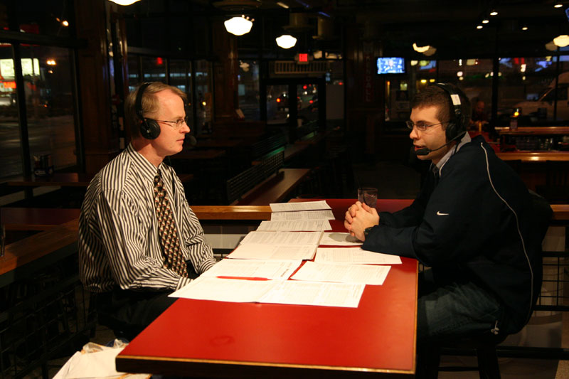 Joe Gentry and Coach Brad Stevens on the radio at Brothers Bar and Grill.