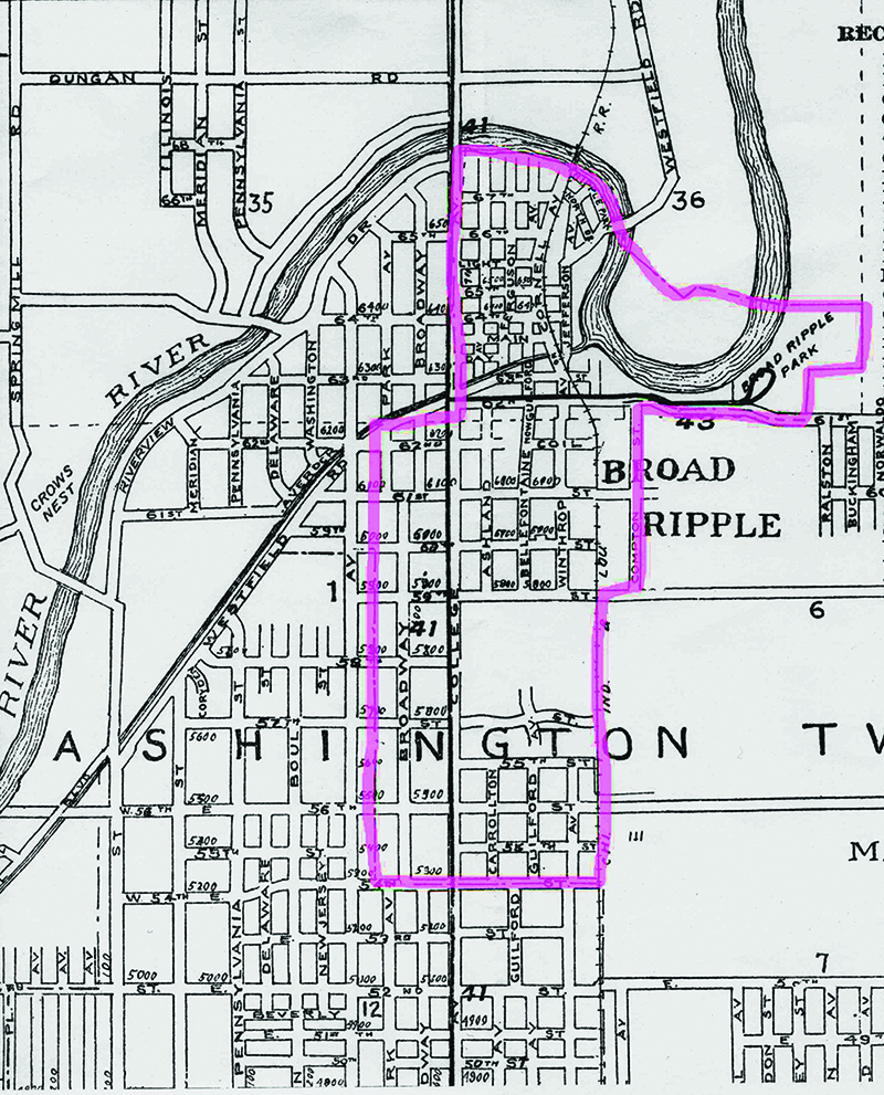 This historic (pre-1922) Town of Broad Ripple boundaries, from www.broadripplehistory.org
