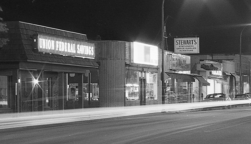 Stewart's / Stationers time exposure taken by your editor in 1976. This is where Indy CD and Vinyl and Landsharks is today. Huntington Bank is where Union Federal was in this photo.
