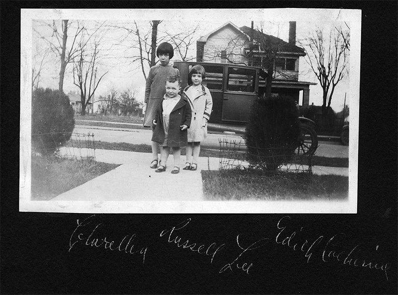 Clarellen (Russ and Cac's cousin), Russ and Cac standing in front of their grandfather's (your editor's great-grandfather's) house at 6170 Bellefontaine (Guilford) (pronounced bell-fountain). Across the street is 6165 Guilford which is still there. (Maybe a reader knows who lives there and can show this to them?)