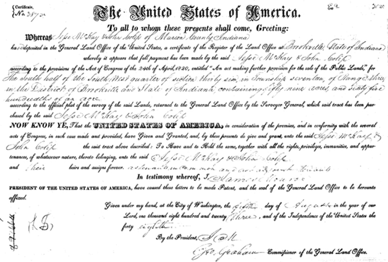 Land patent of Jessie McKay and John Colip from 1823 for a section of the area that later became Broad Ripple.