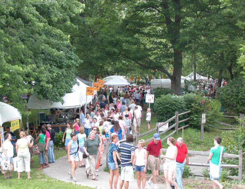 The Artist Grove was a cool spot. Tents were set up under the shade of trees. The pathway leads down to the White River.