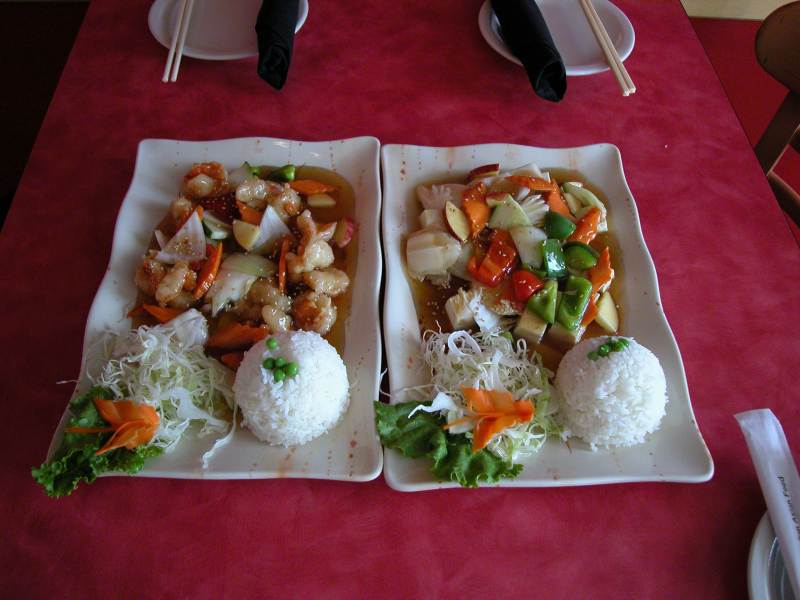 Tung Soo shrimp and Tung Soo tofu. Both sweet and sour dishes.