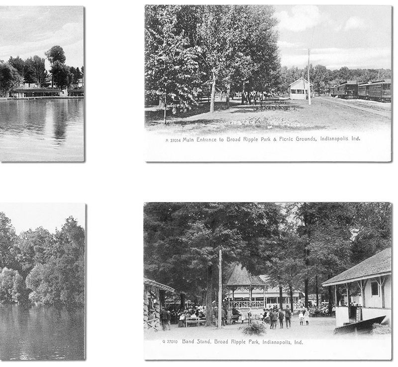 A close-up view of the Broad Ripple history print showing the detail in the postcard images of Broad Ripple Park.