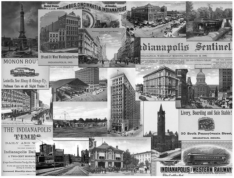 One of Tom's first prints - Indianapolis Horizontal 1. Images are from post cards, newspapers and city directories.