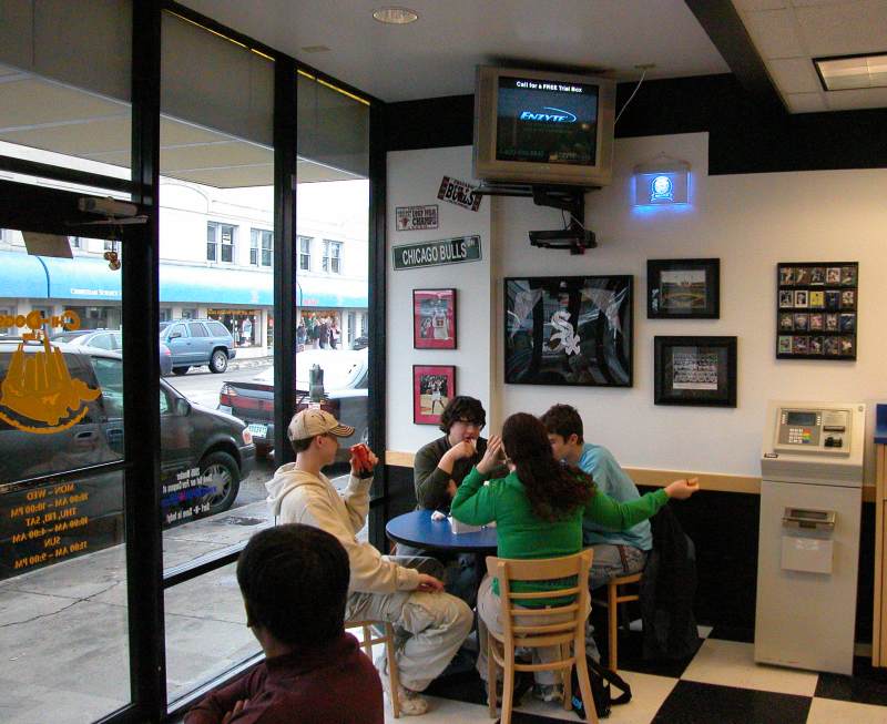 The interior is decorated with Chicago sports memoribilia.