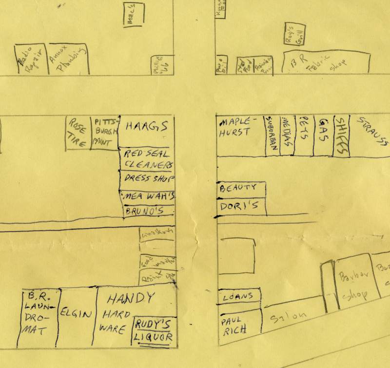 This piece of John McCord's hand-drawn map shows the intersection of Broad Ripple Avenue and Guilford Avenue circa 1950.