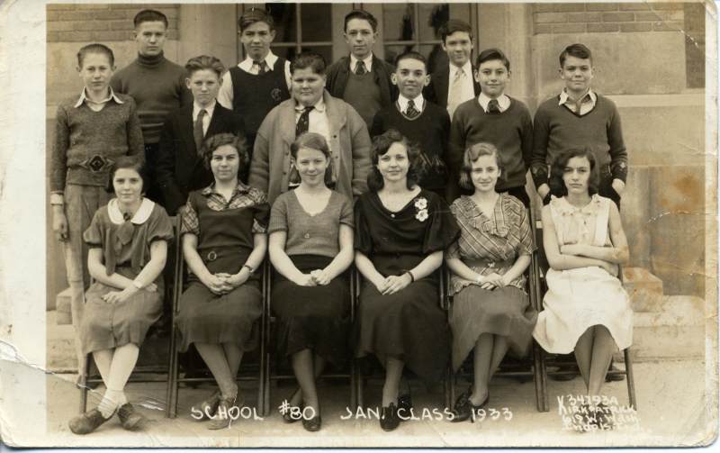 School 80 1933 class postcard<br>Back Row: Bob Perkins, Bob Conley, Joe Caperton, Phil Tolbert<br>Middle Row: Paul Weis, Keith Blake, Bill Blythe, John Law, Don Wendling, Harry Silliman<br>Front Row: Adele Lobraico, Anelda Mae Wann, Alta Greenwood, Agnes Beasley, Bernice Wire, Rose Harmon