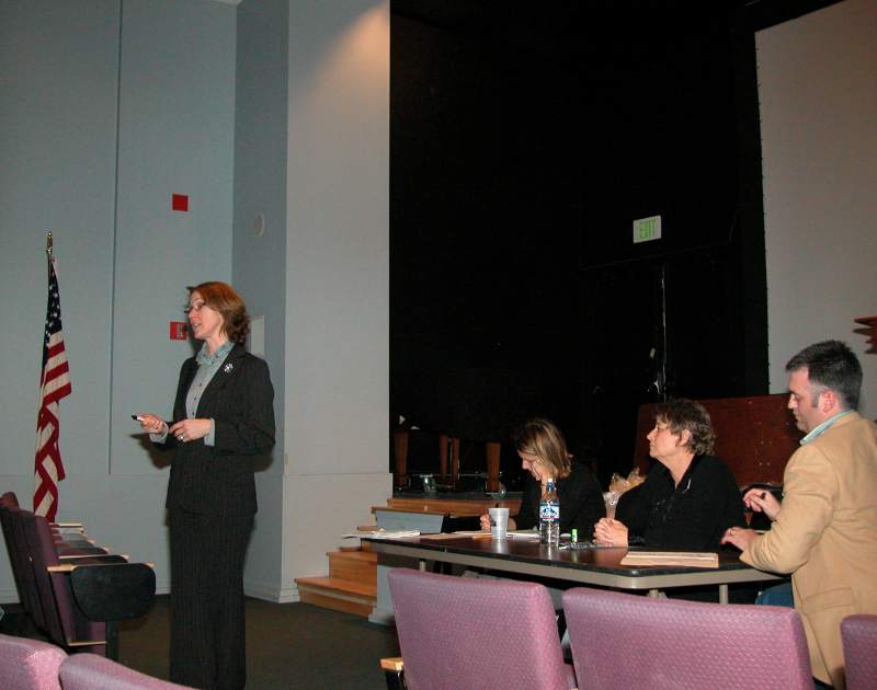 Deputy mayor Jane Henegar discussed mayor Peterson's Indianapolis Works! proposal. Seated: Cathy Adler, Ellen Morley Matthews, and Brad Hopper.