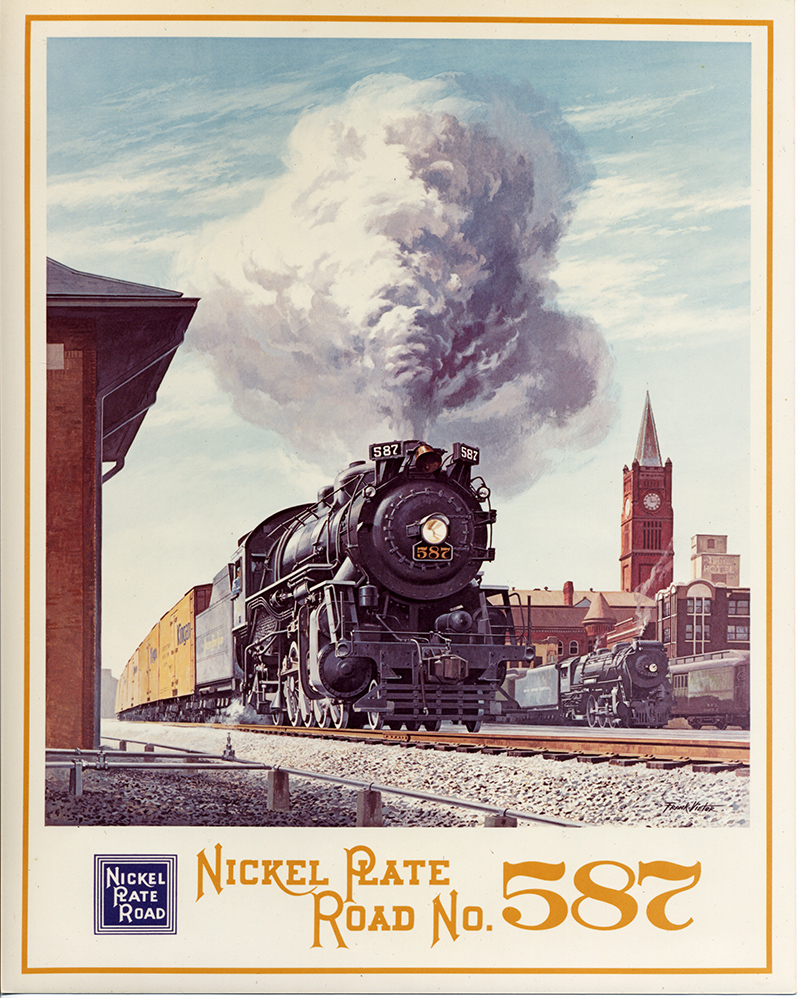 Indianapolis artist Frank Vietor's poster of the 587 pulling Kingan Meats refrigerator cars. Union Station is in the background.