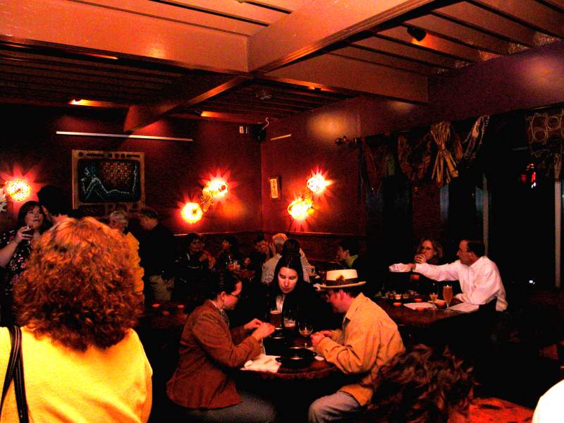 The artsy indoor dining room is cozy and family-friendly.