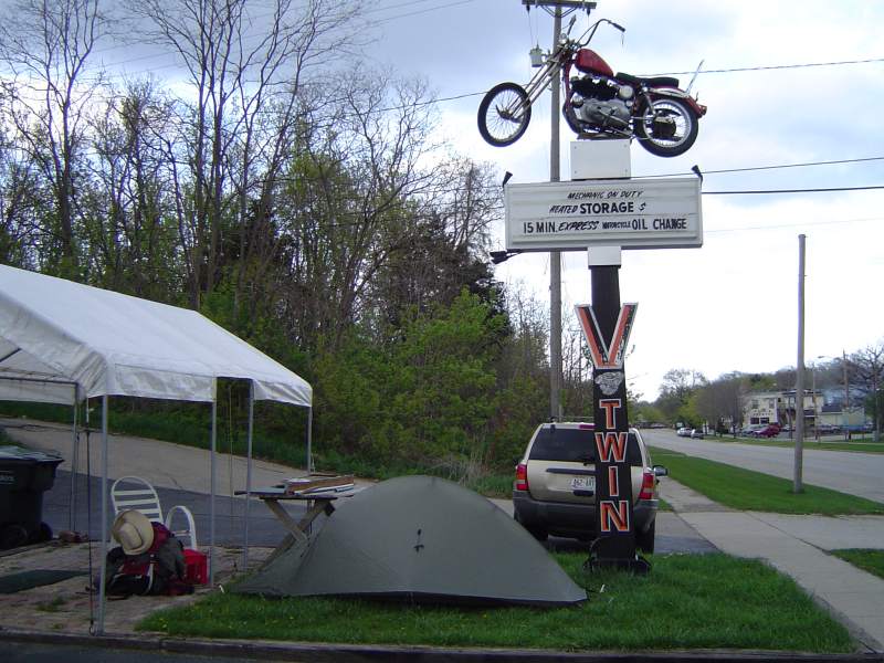 Camping in front of Russ's motorcycle repair shop.