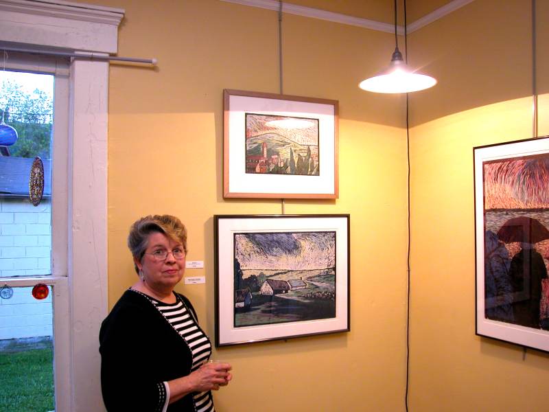 Judy Leiviska and her wood block prints.