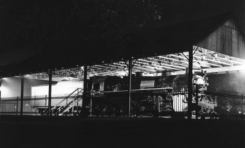 A night-time view of the 587 engine in its new shed at Broad Ripple Park.