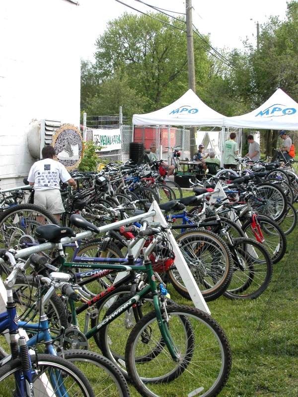 Bikes lined up safely at the Pedal & Park on the Monon Trail.