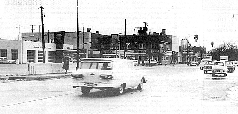 A view south on College Avenue from the canal bridge. Kick Frazier's Shell station is on the left. Bank One is now on that corner (in 2005). Hook's Drugs was on the southeast corner of Broad Ripple Avenue and College Avenue. The Scholars Inn Bakehouse is now at that location (in 2005).
