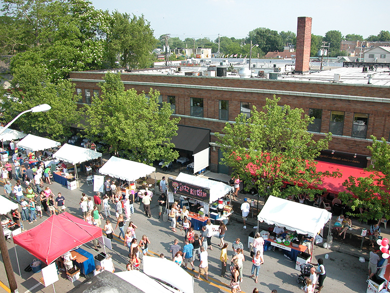 A view of Westfield Boulevard from atop Chelsea's. The tents left to right are: Brugge Brasserie, Bleeker Street, The Parthenon, Jazz Kitchen, and Ripple Bagel & Deli.