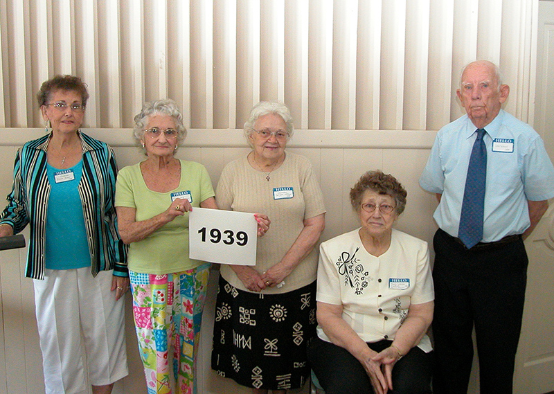 Class of 1939 - Maxine Blake Kiser, Mary Jane Rosasco Baxter, Dorothy Yaryan LaMar, Mary Louise Friedrich Barrickman, and Lee Wood.