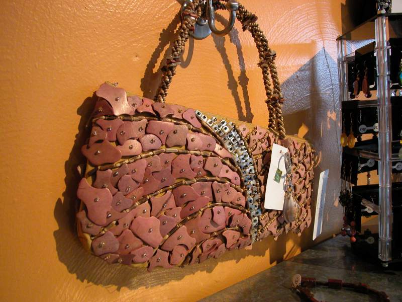 One of the hand-made purses made of coconut shell.