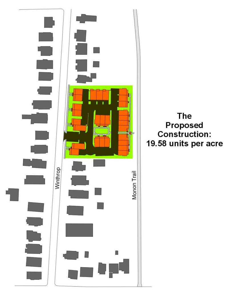 A graphic presented by the remonstrators showing the scale of the proposed development for Winthrop Avenue. It also shows the proposed setbacks.