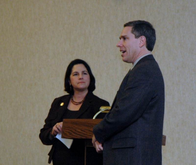 City-County Council members Angela Mansfield and Greg Bowes at the town meeting.