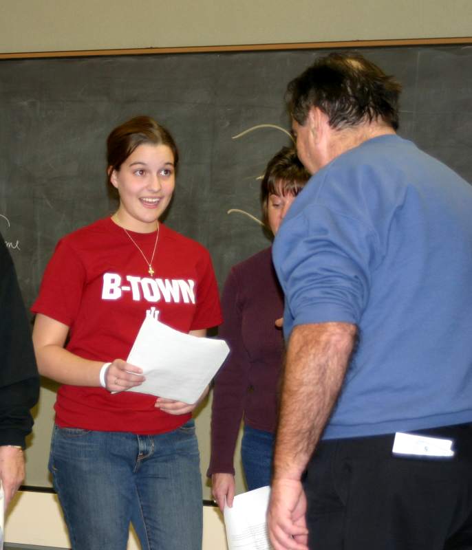 Beth Deck gets instruction from director Allen Hatton.