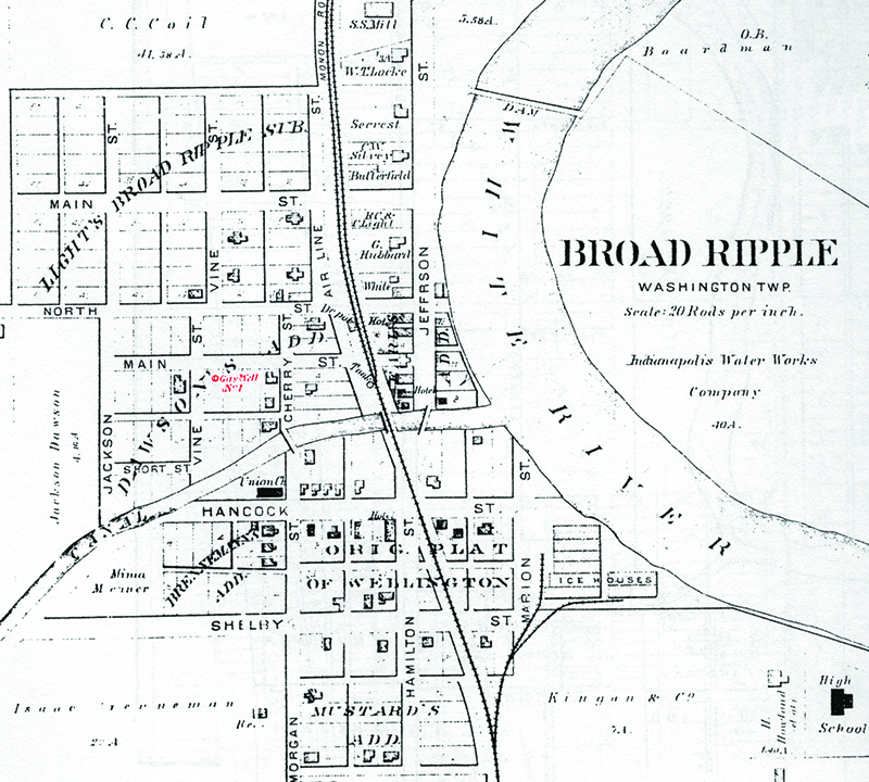An 1889 map of the Town of Broad Ripple showing the location of a gas well.