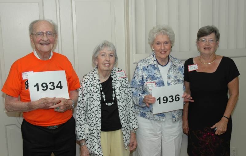 Morris Conly from the class of 1934 with three from the class of 1936 - Marcella (Reynolds) Negley, Margy (Van Meter) Melcher, and Pat Pickett.