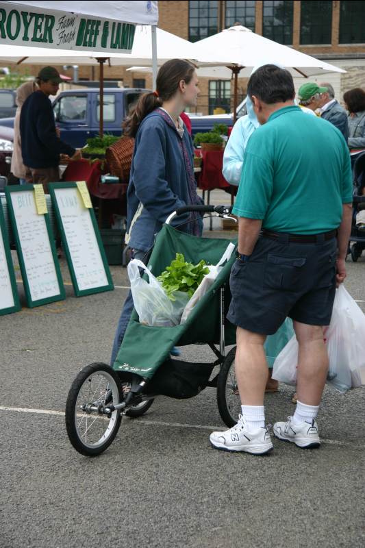 A baby stroller can also serve as a lettuce carrier!
