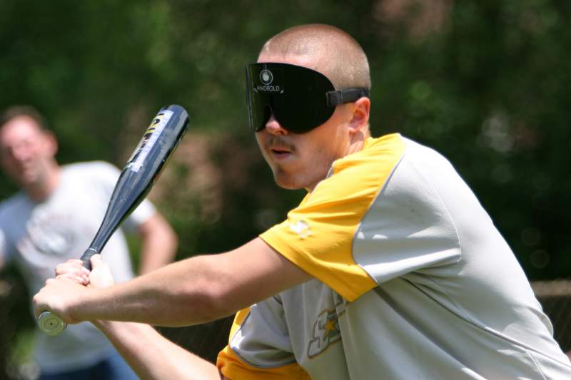 Beep Baseballer Richie Schultz at bat in Opti Park.