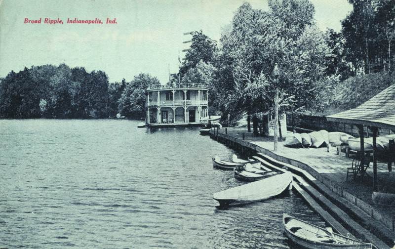 This early postcard shows the docks on the White River at Broad Ripple park.