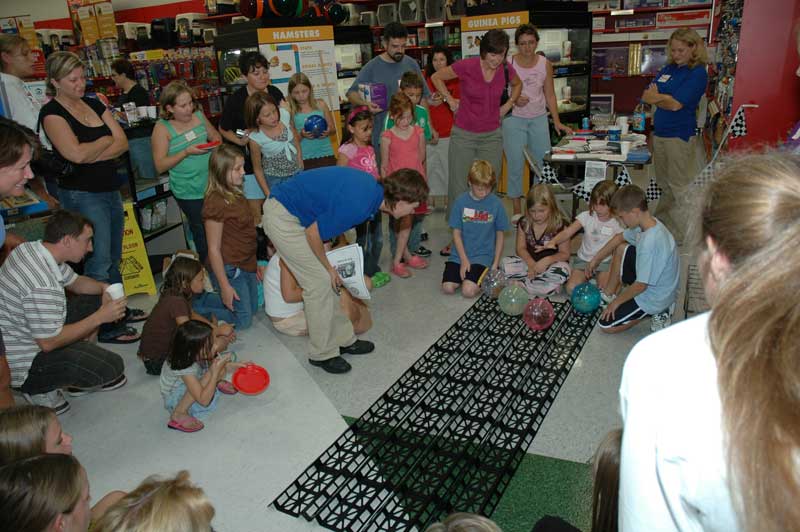 The race track held four hamster balls.