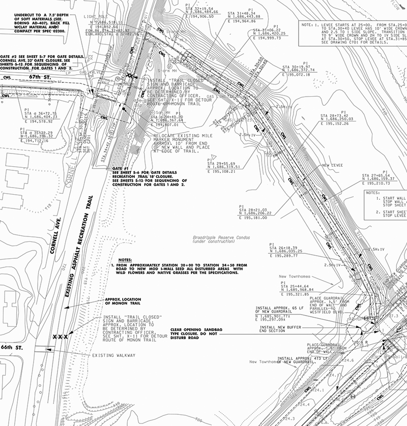 A detail of the section of levee wall between the Monon Trail and Westfield Boulevard. The complete document can be found below.