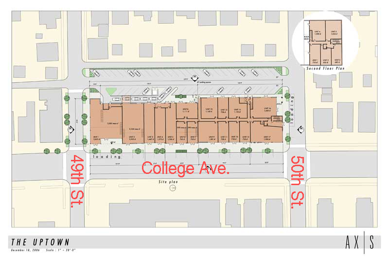 Site plans for 49th and College Avenue. Hinterberger states that plans will continue to change and improve. These drawings show the size and general layout, but the details of the exterior and interior will continue to mature.