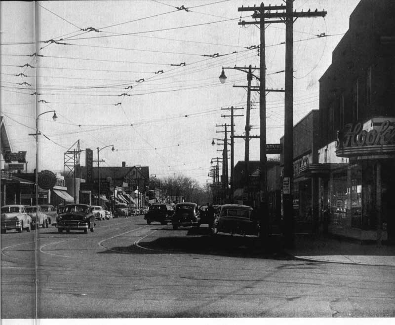Broad Ripple avenue in 1951. The tall Vonneguts Hardware sign stands like a landmark.