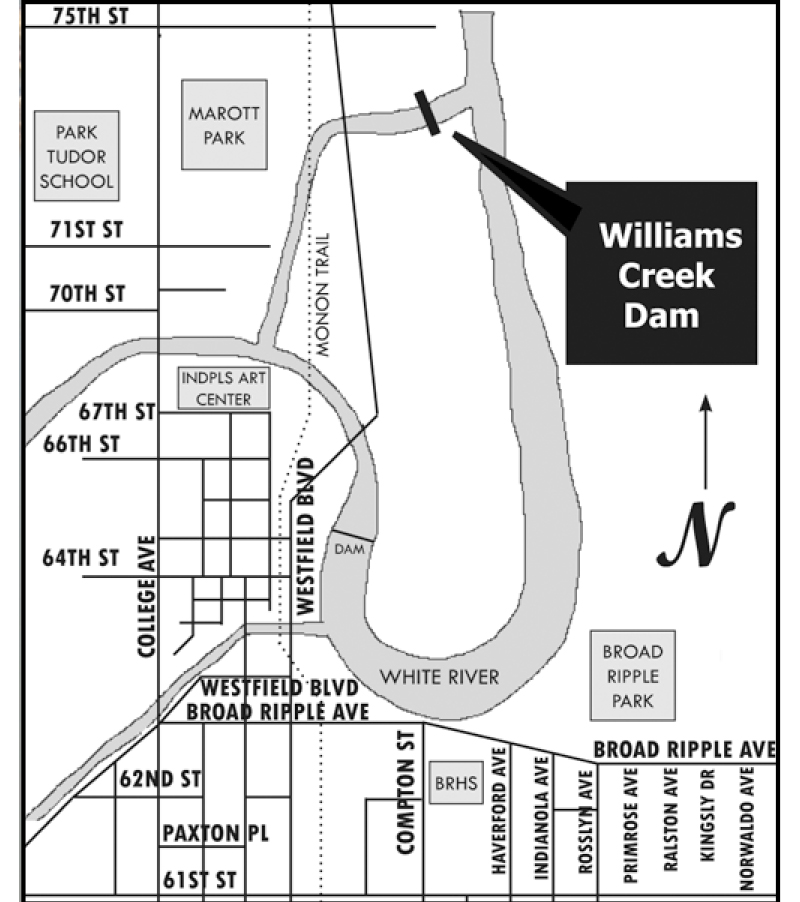 In 2006, engineers and the city of Indianapolis took on a $1.4 million project to assure that the residents of Indianapolis would have drinking water. The map above displays the location of the Williams Creek dam, located at 72nd Street and Westfield Boulevard.