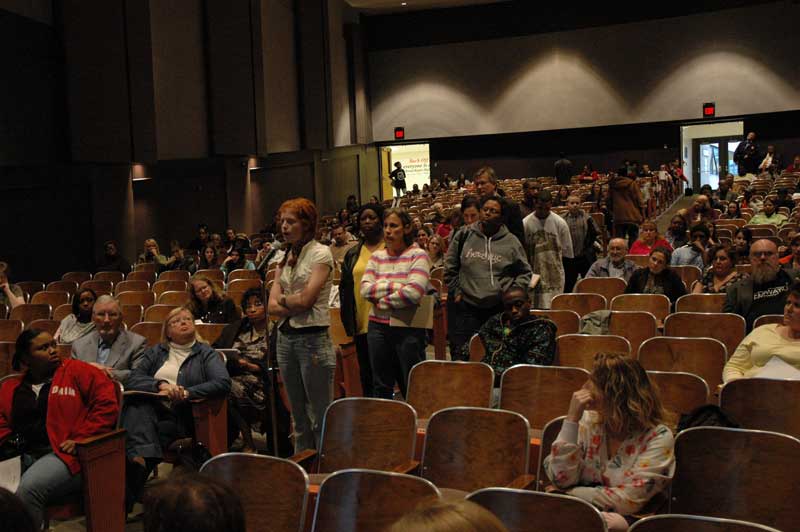 A long line of people waited to voice their reactions to the dress code.