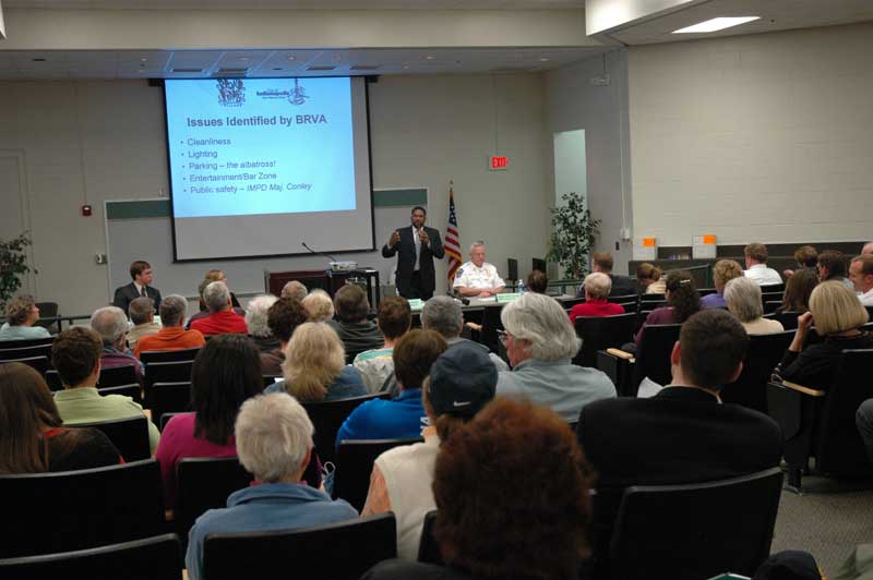 Broad Ripple residents listen to Deputy Mayor Steve Cambell at the Town Hall Meeting.
