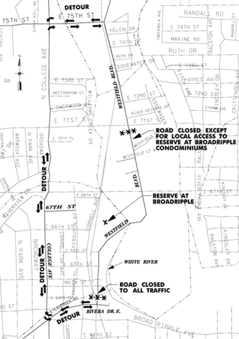Map of Levee road closures in Broad Ripple