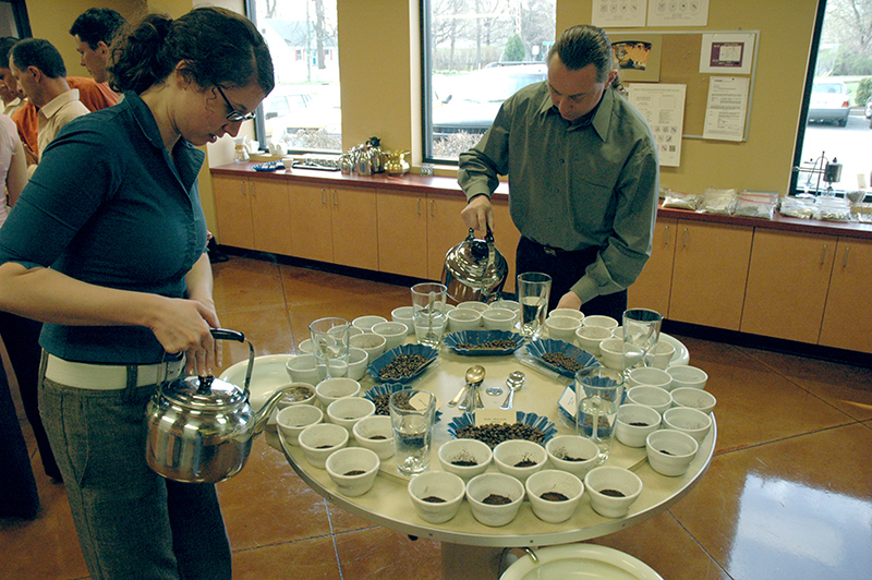 Katie Garvey and Jerry Cravens prepare cuppings at Hubbard and Cravens headquarters on 52nd Street. 