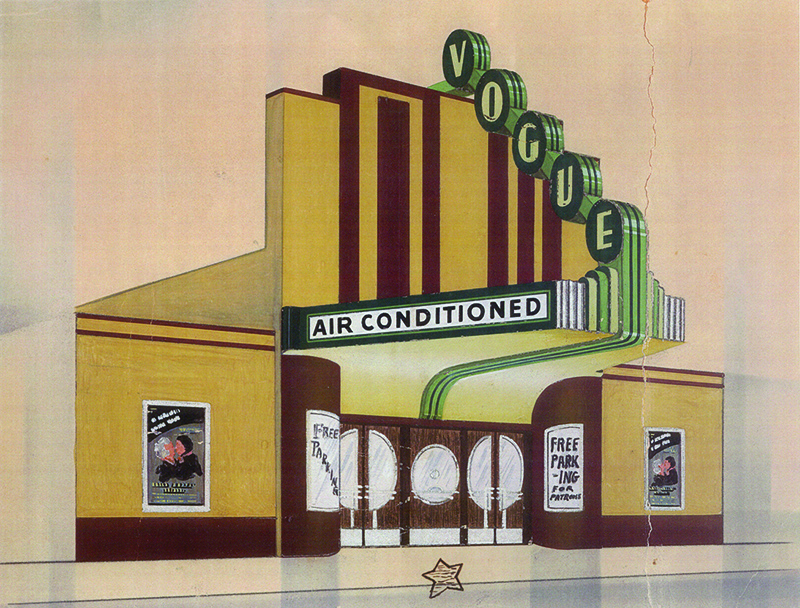 An artist's rendition of the Vogue Theater around 1938. Current owner Steve Ross is working to recreate this Art Deco facade for the building.