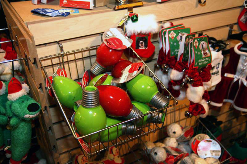 Rubber oversized Christmas light dogs toys at Three Dog Bakery