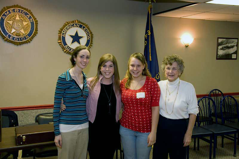 left to right: Kamillo Benko (Chatard), Maria Dickman (Cathedral), Estes Cassidy (Ben Davis), and Shirley Rainey (chairman Hoosier Girls State committee American Legion Post #34 Auxiliary)