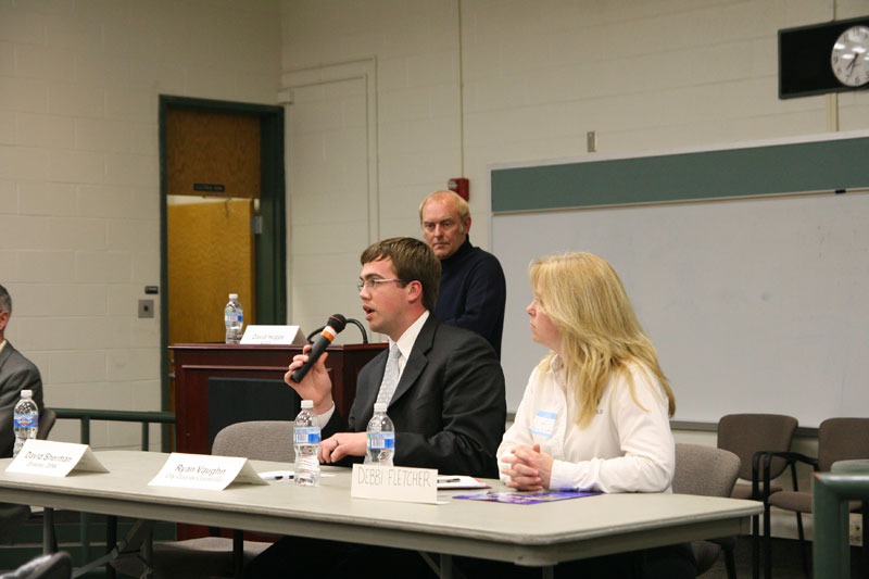 David Hoppe of NUVO listened as City-County Councillor Ryan Vaughn answered questions of Broad Ripple Village development.