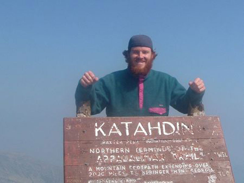 Andrew Brake atop Mt. Katahdin, Maine at the northern terminus of the Appalachian Trail in September 2005