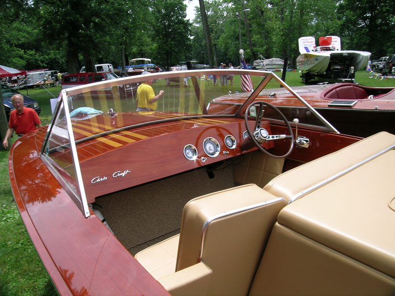 Beautiful lines and interior trim of the Saxon family's 1954 Chris Craft Holiday boat.