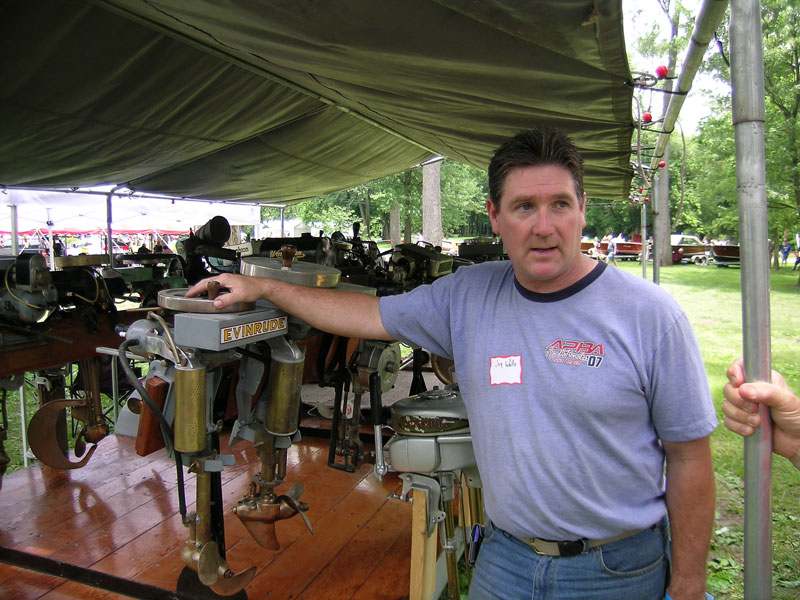 Jay Walls and his antique 1911 Evinrude outboard motor.