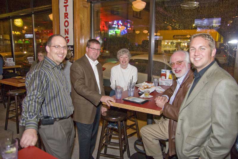 Gary Perel, Marc Fortney, Lynda and Chuck Huppert, and Eric Fortney at the pre-opening party
