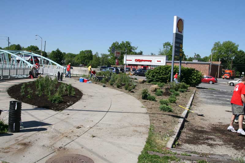 Bushes, flowers and trees were planted around the canal walking bridge at Broad Ripple Avenue and College Avenue.