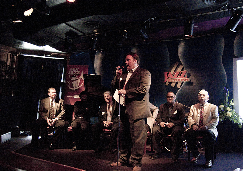 David Allee (Jazz Kitchen) announced the details of the Indy Jazz Fest. Seated: Mayor Greg Ballard, Dr. David Baker, David Butcher, Rob Dixon, Allen Hall (Owl Studios).